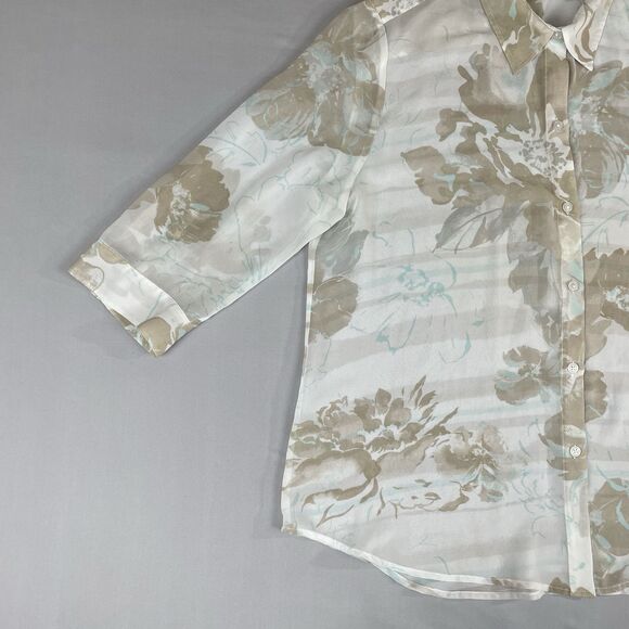 Chico's Floral Print Collared 3/4 Sleeve Blouse Women's 3 / XL Sheer White - Picture 3 of 13